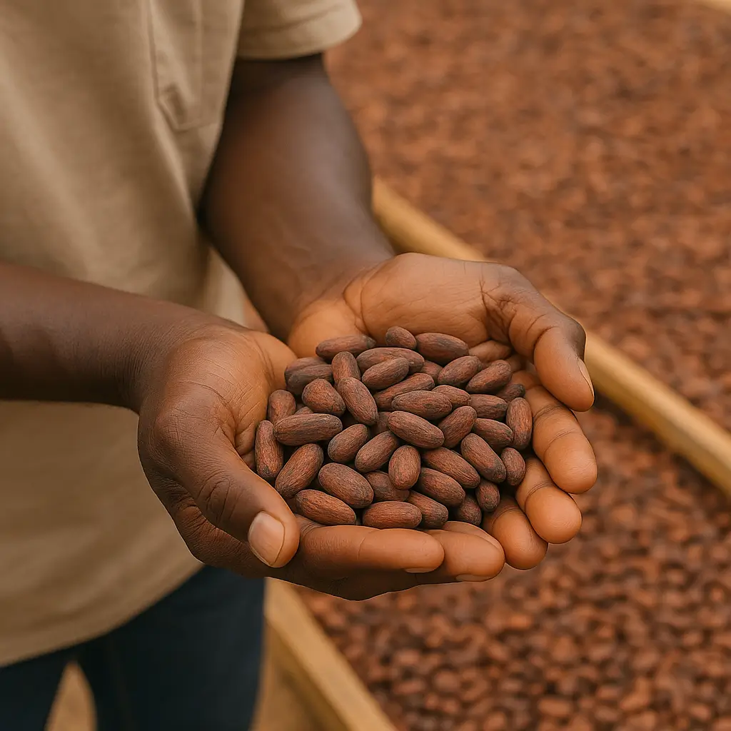 Fèves de cacao dans les mains d’un producteur