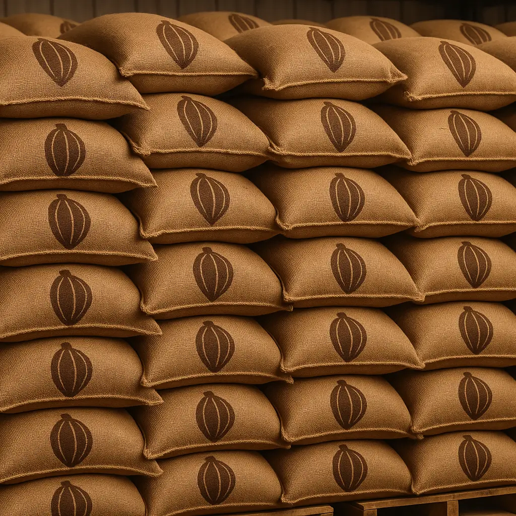 Sacs de jute empilés prêts à l’export